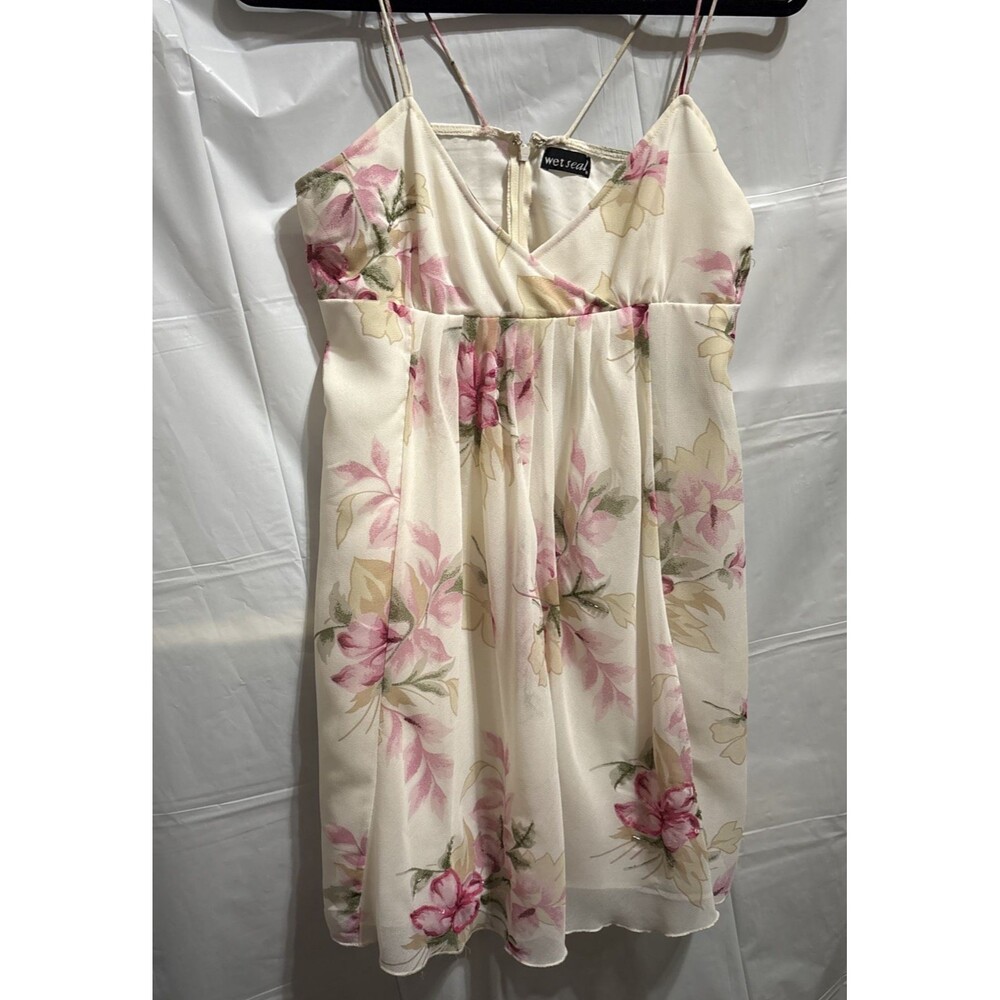 Wet Seal Floral Mini Dress Size 7 Pink Cream Spaghetti Strap Empire Waist
